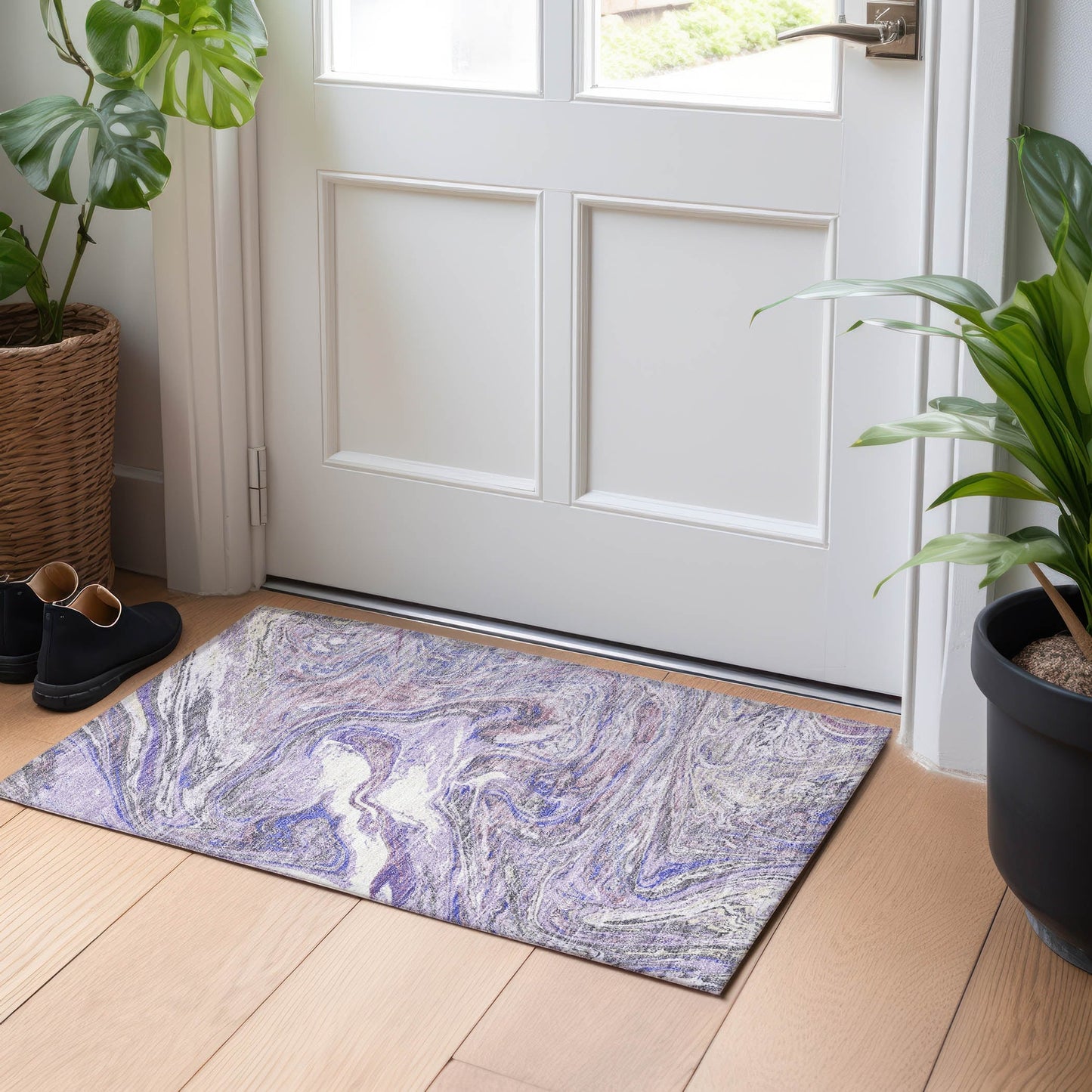 Tapis Chantille abstrait à motifs de coups de pinceau, lavable en machine, pour intérieur et extérieur