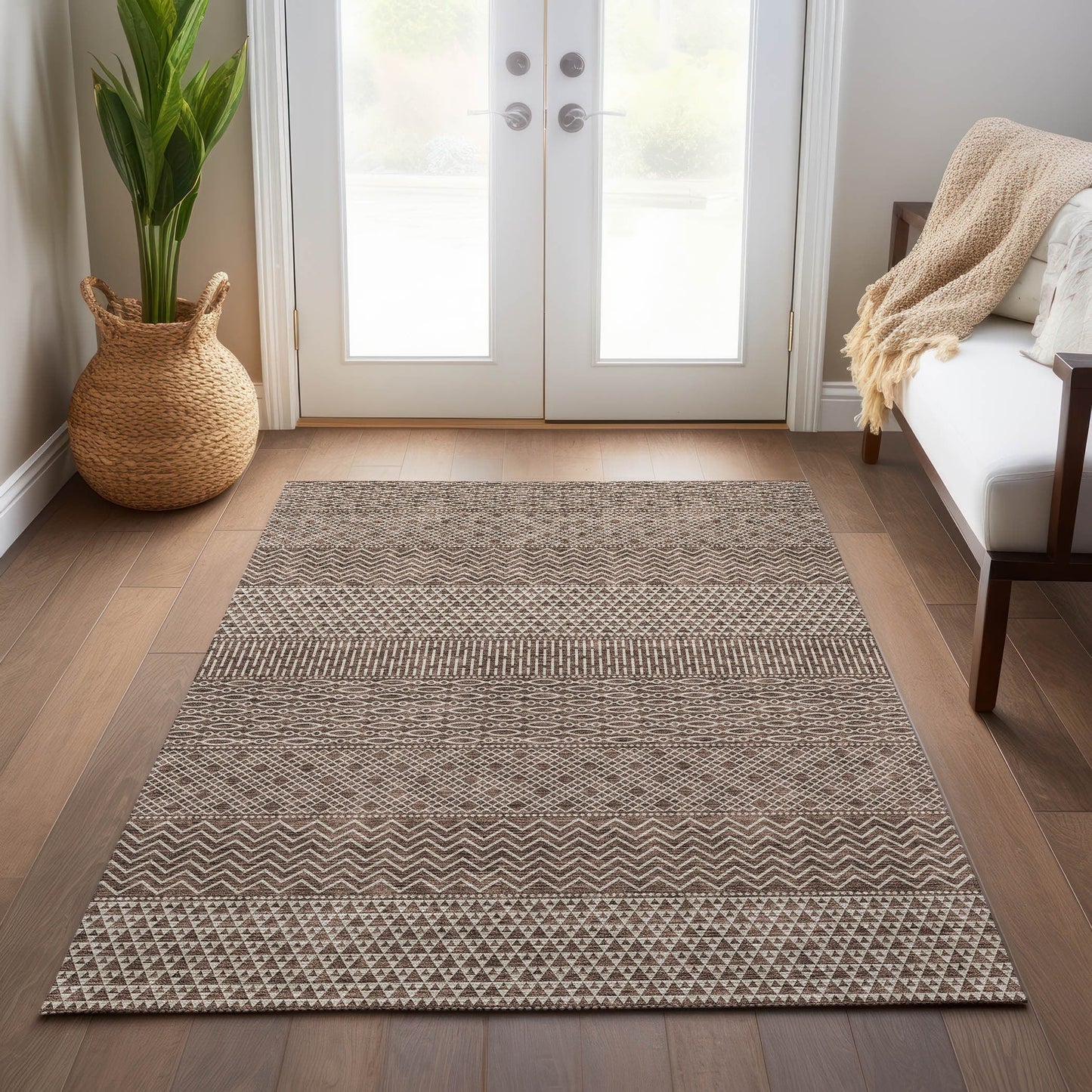 Tapis Chantille moderne à rayures lavable en machine pour intérieur/extérieur