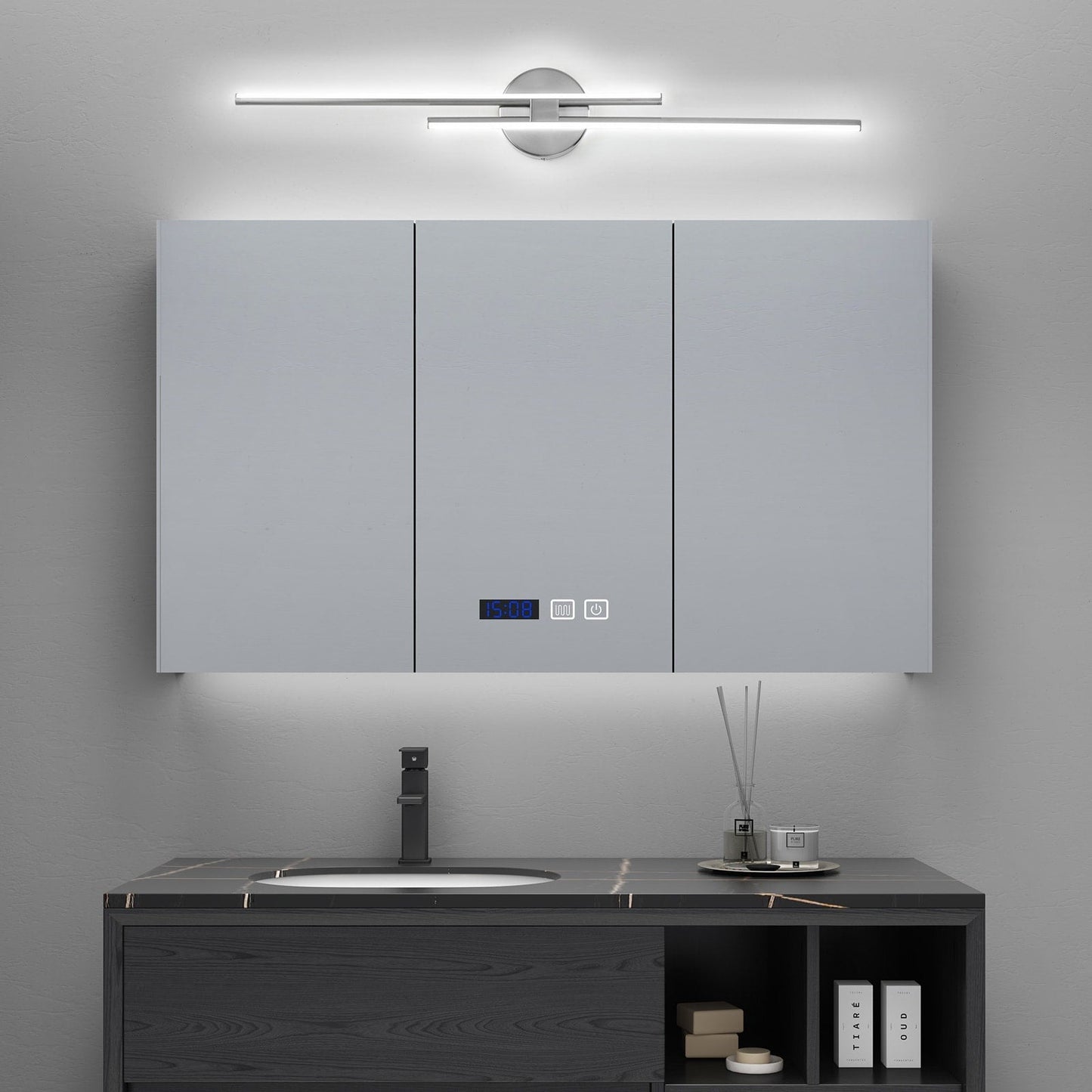 Applique murale linéaire minimaliste en métal à 2 lumières à LED et intensité variable
