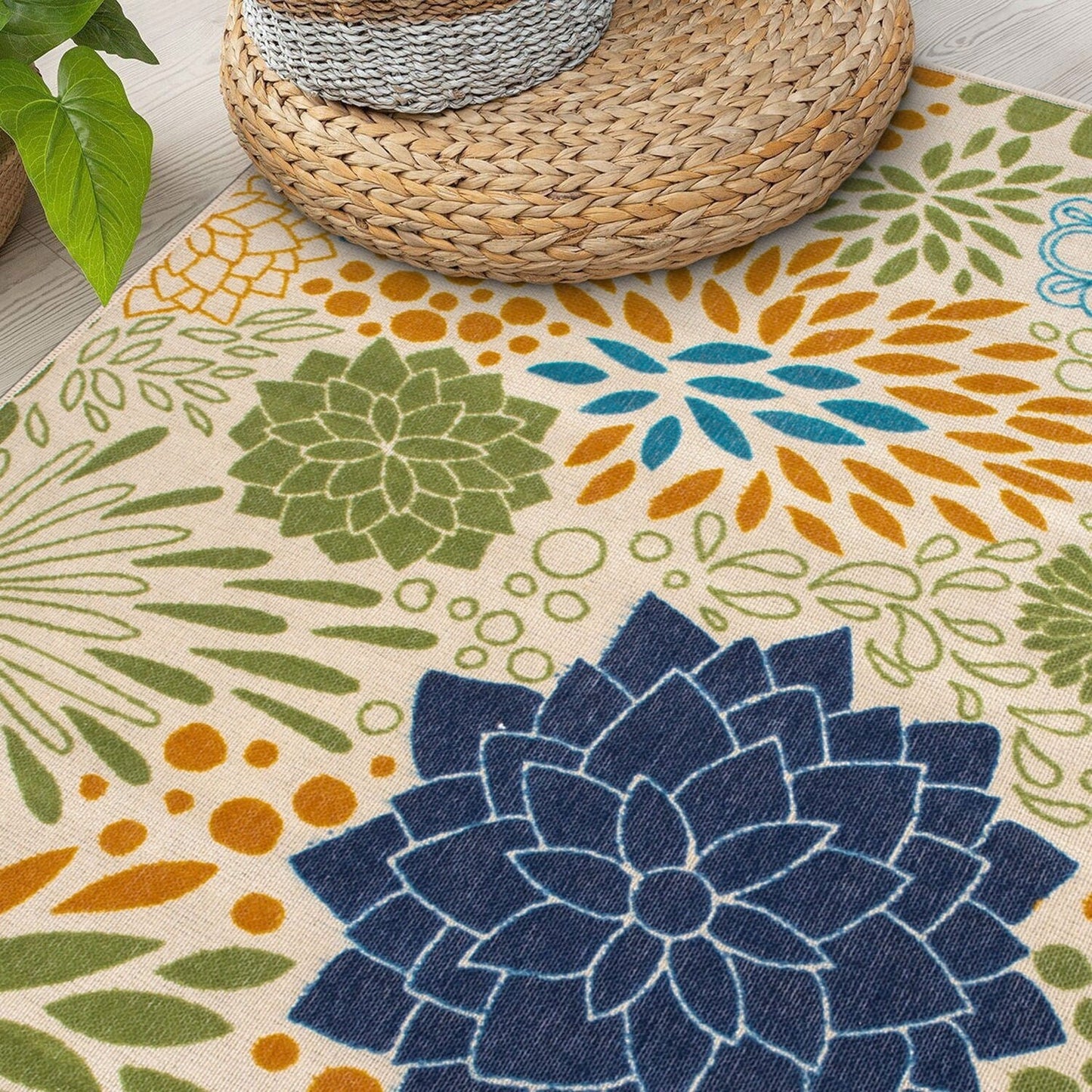 Tapis d'intérieur/extérieur tissé à plat à motifs floraux modernes