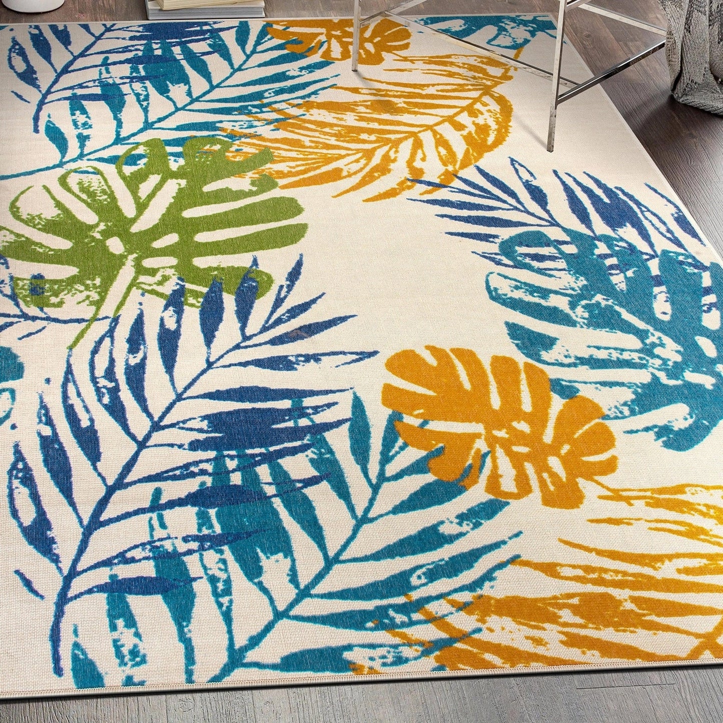 Tapis d'intérieur/extérieur moderne à tissage plat et motif floral et feuilles
