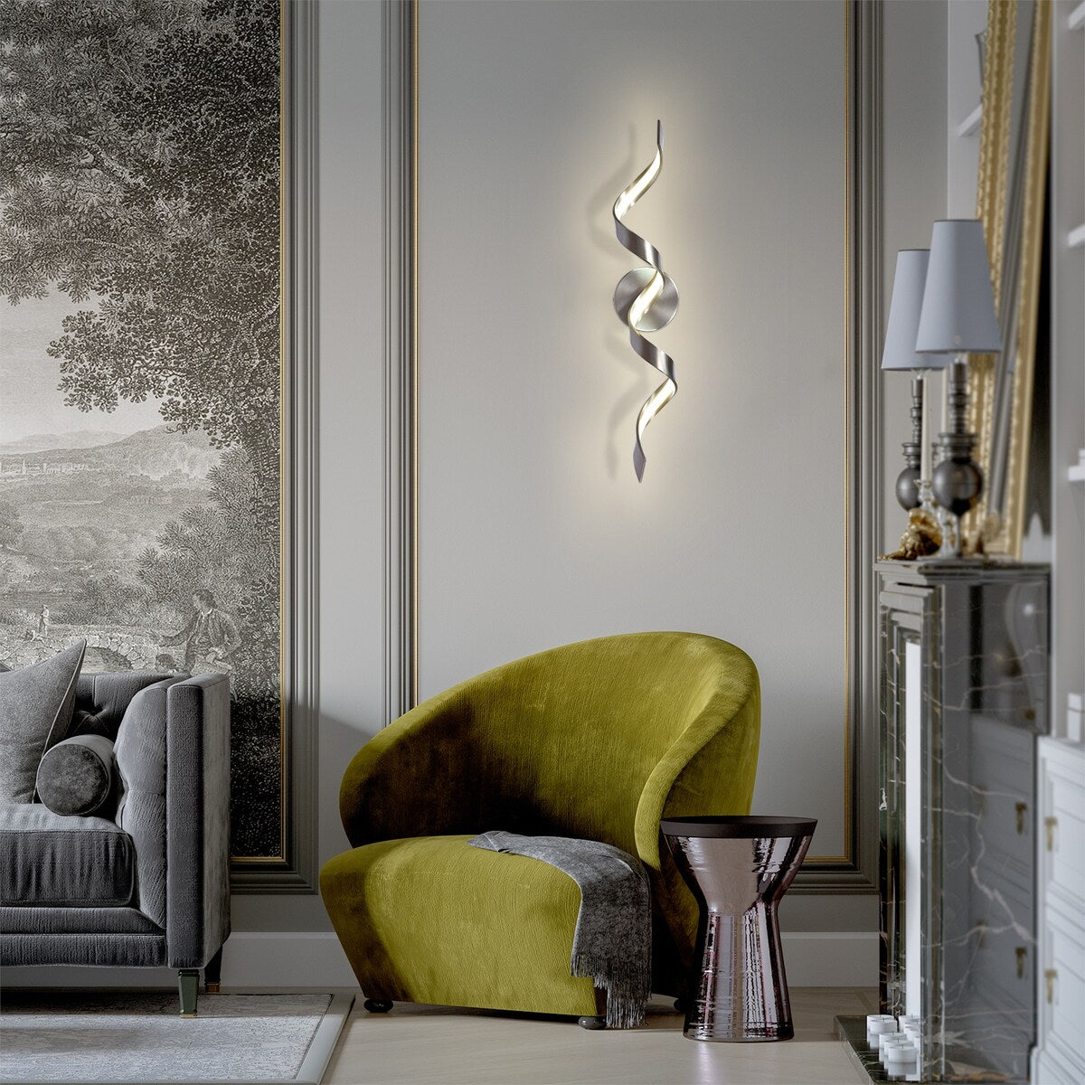 Applique murale à LED pour salle de bain au design moderne en spirale, à intensité variable