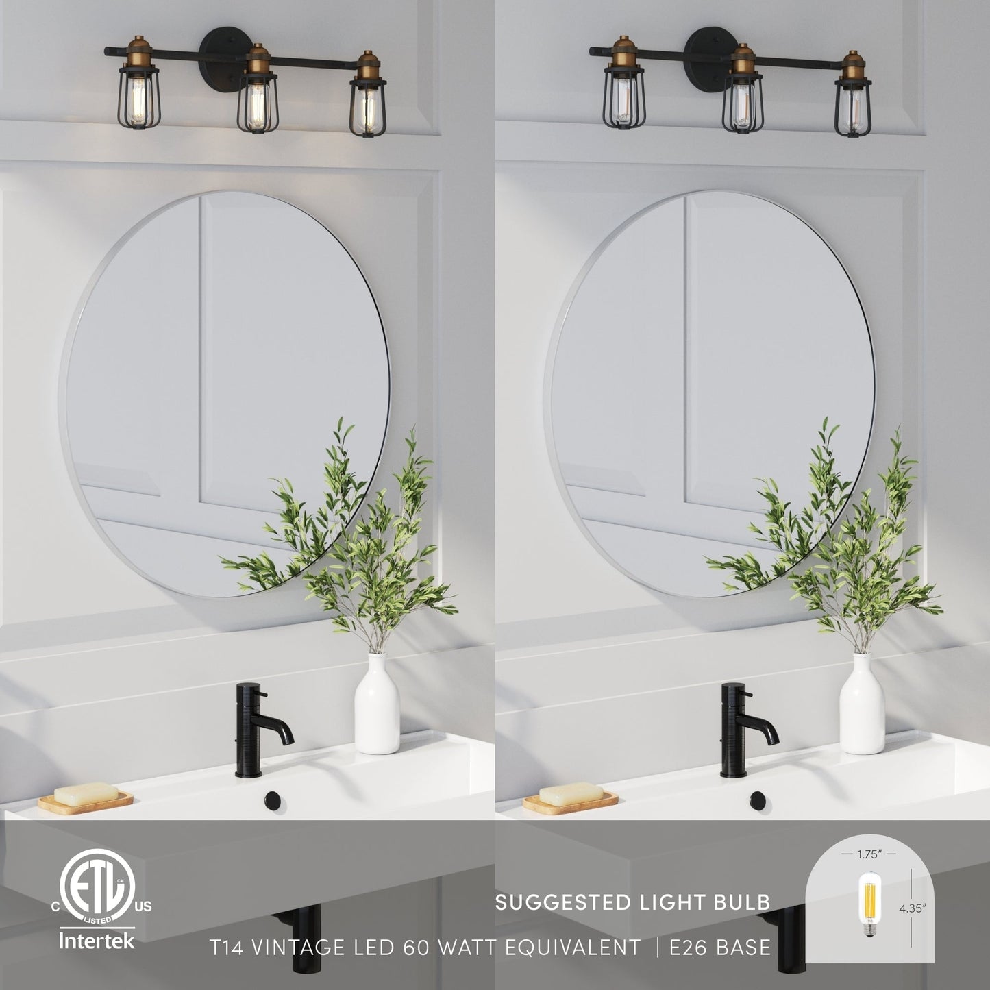 Applique murale d'intérieur Nathan James Rori Vanity à 3 lumières pour salle de bain avec applique cage de ferme et détails en laiton