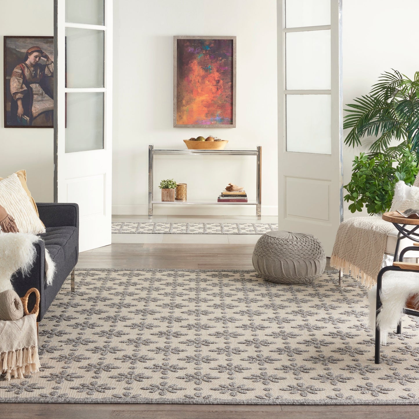 Tapis d'intérieur et d'extérieur géométrique moderne à motif floral et haut-bas Nourison Palamos