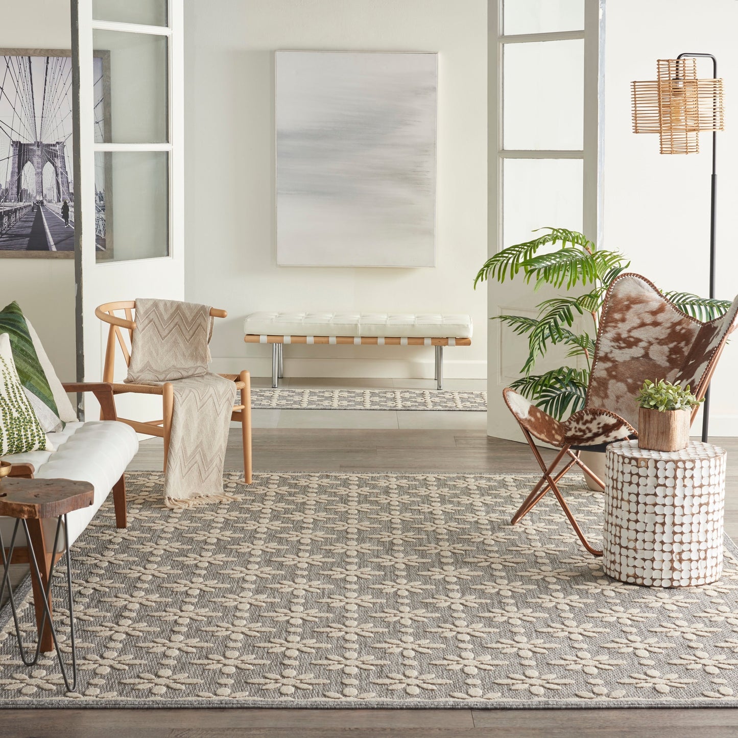 Tapis d'intérieur et d'extérieur géométrique moderne à motif floral et haut-bas Nourison Palamos