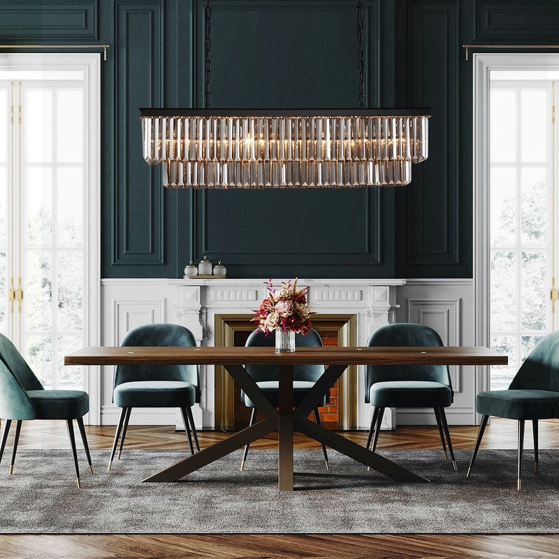 Lustre contemporain en cristal gris fumé et noir de 47 po, luminaire suspendu linéaire à deux niveaux pour îlot de cuisine et salle à manger