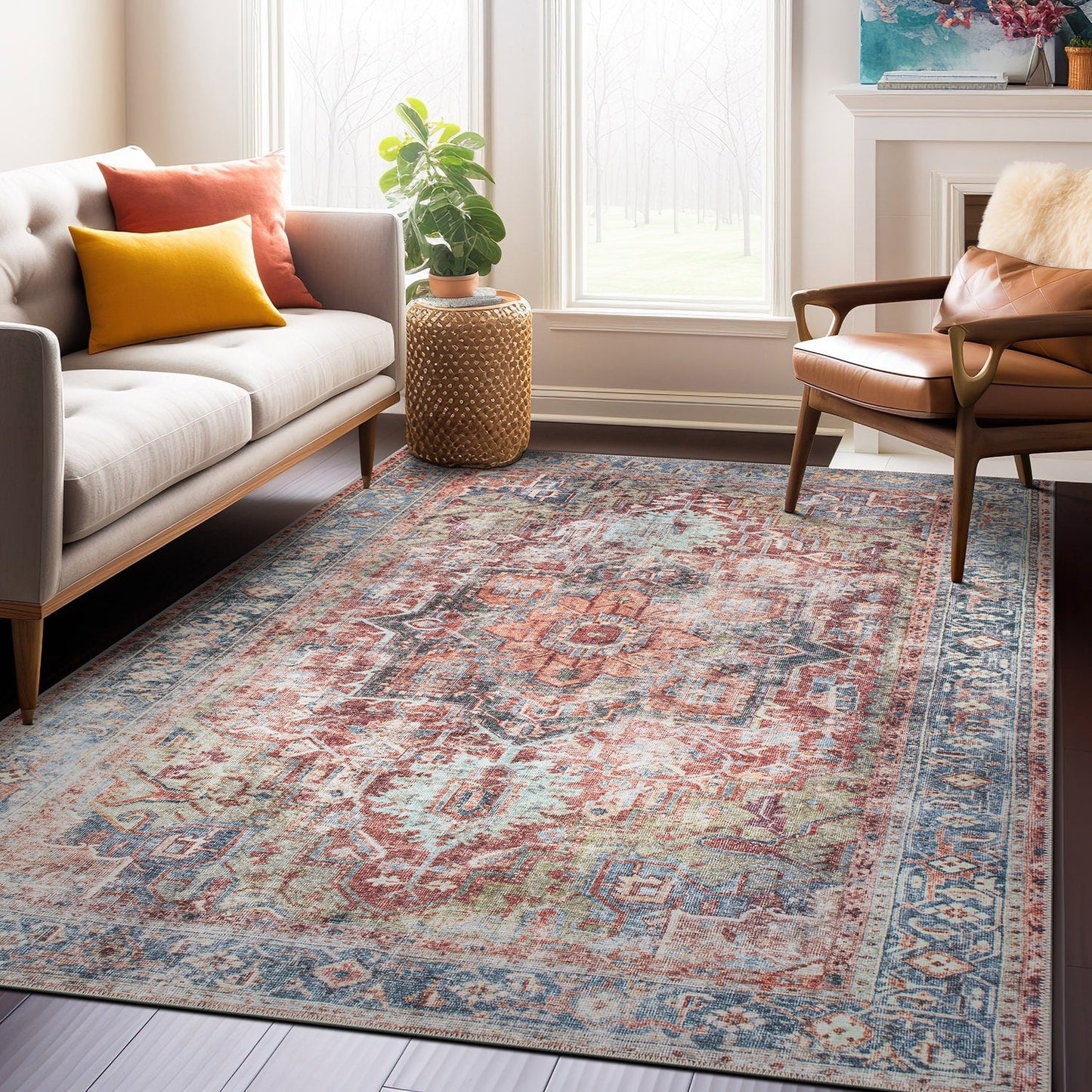 Tapis traditionnel vieilli lavable en machine