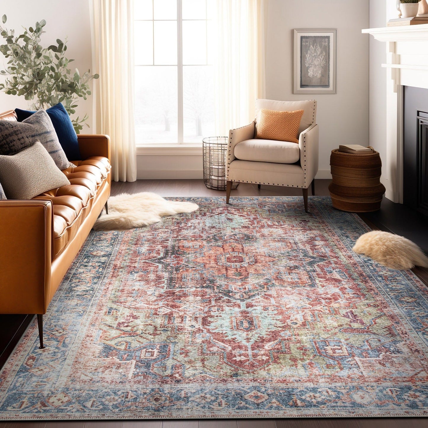 Tapis traditionnel vieilli lavable en machine