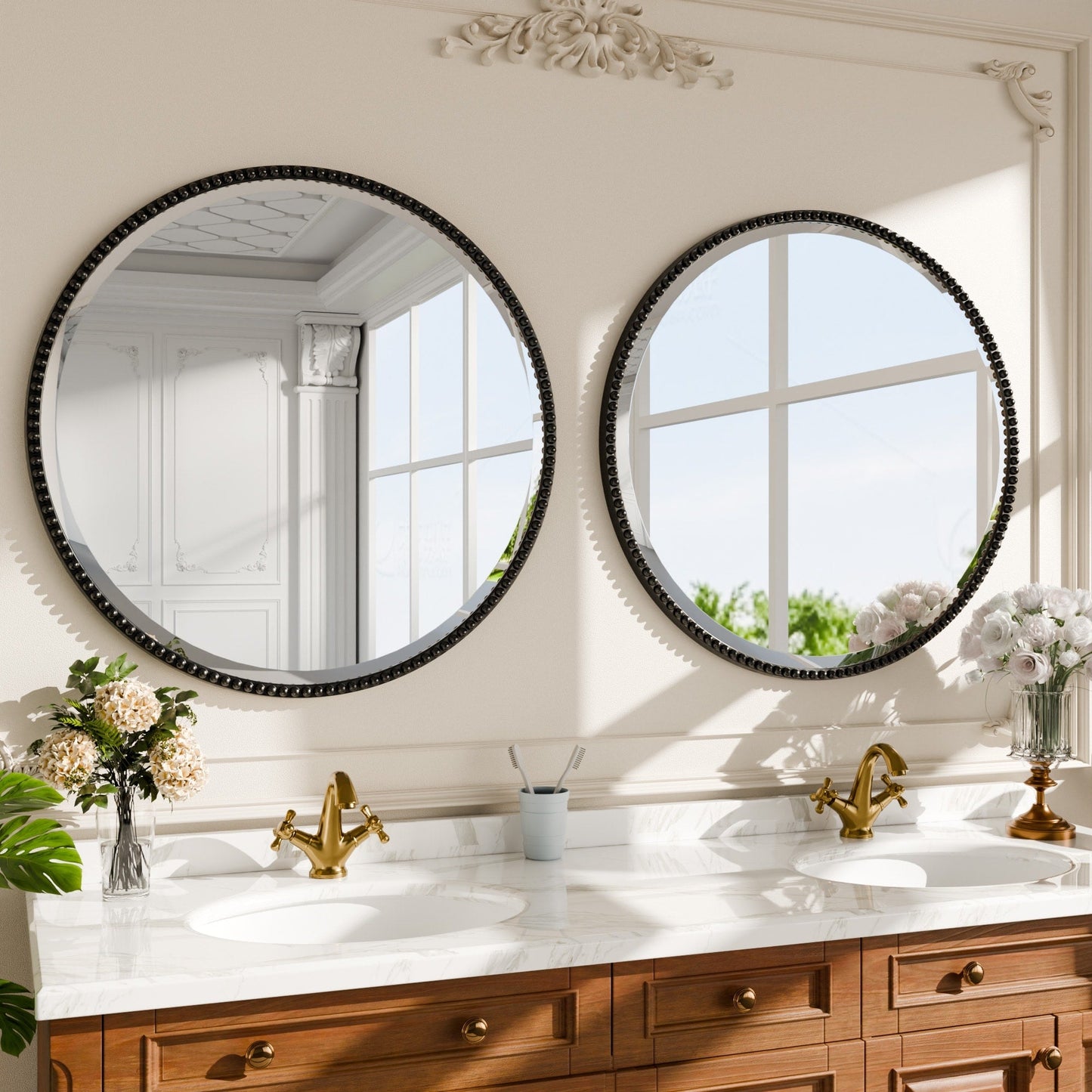 Miroir de salle de bain rond vintage avec cadre perlé
