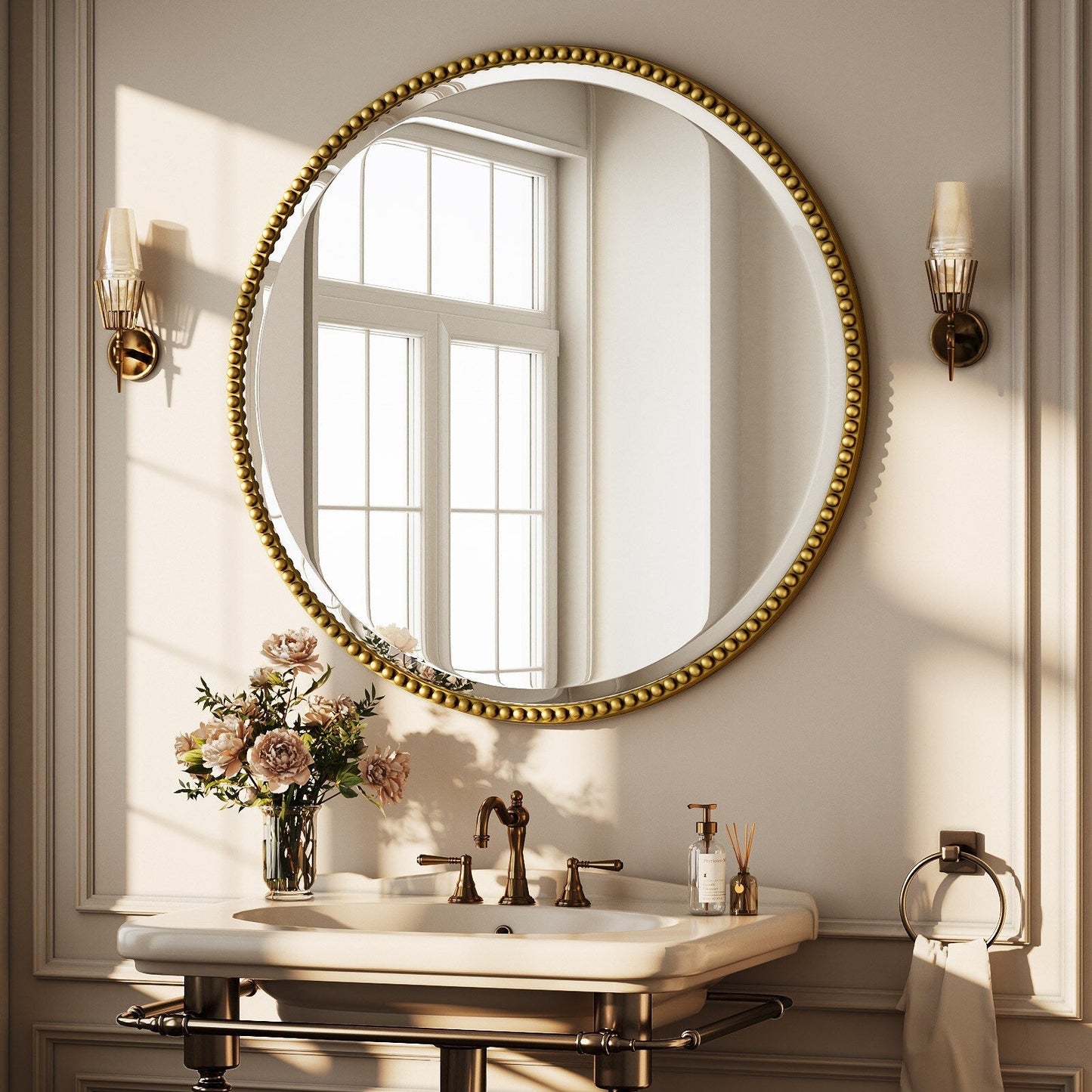 Miroir de salle de bain rond vintage avec cadre perlé