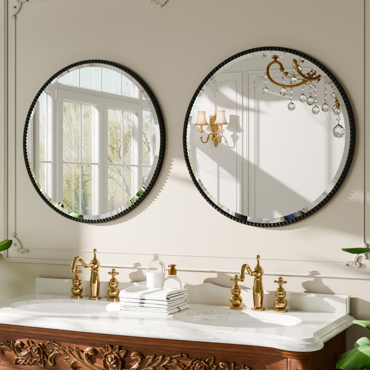 Miroir de salle de bain rond vintage avec cadre perlé