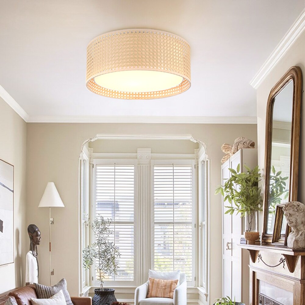 Plafonnier encastré moderne WINGBO à 3 lumières avec abat-jour tambour double en rotin et tissu
