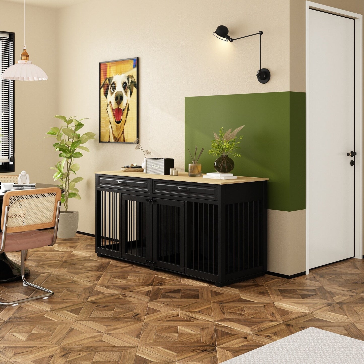 Cage double en bois pour chien avec 2 tiroirs et séparateur