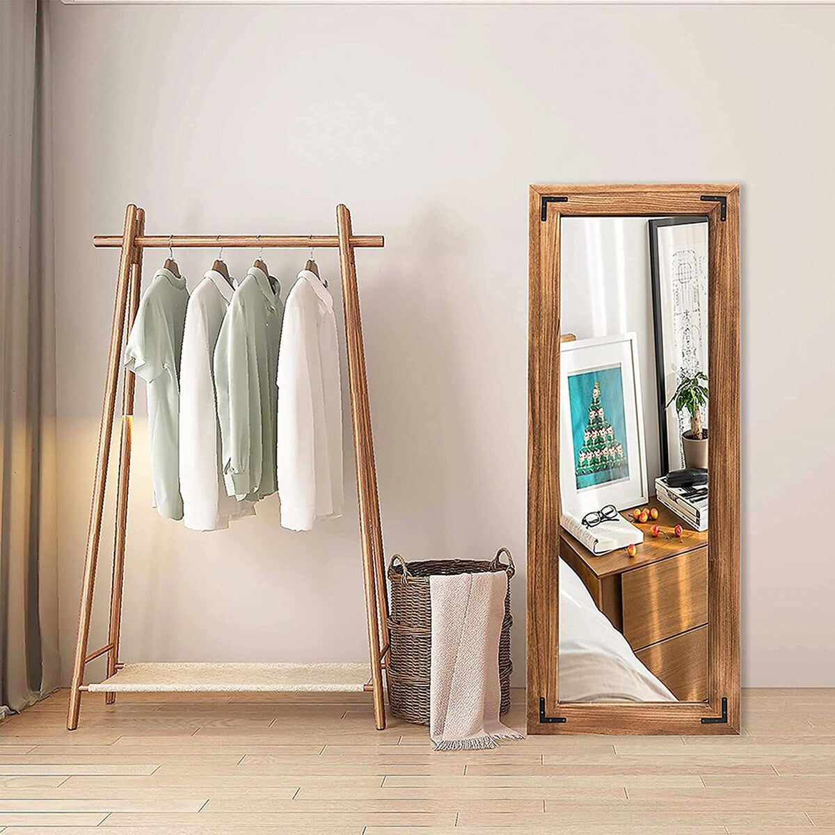 Miroir de sol pleine longueur avec cadre en bois rustique de style ferme - 65 x 24