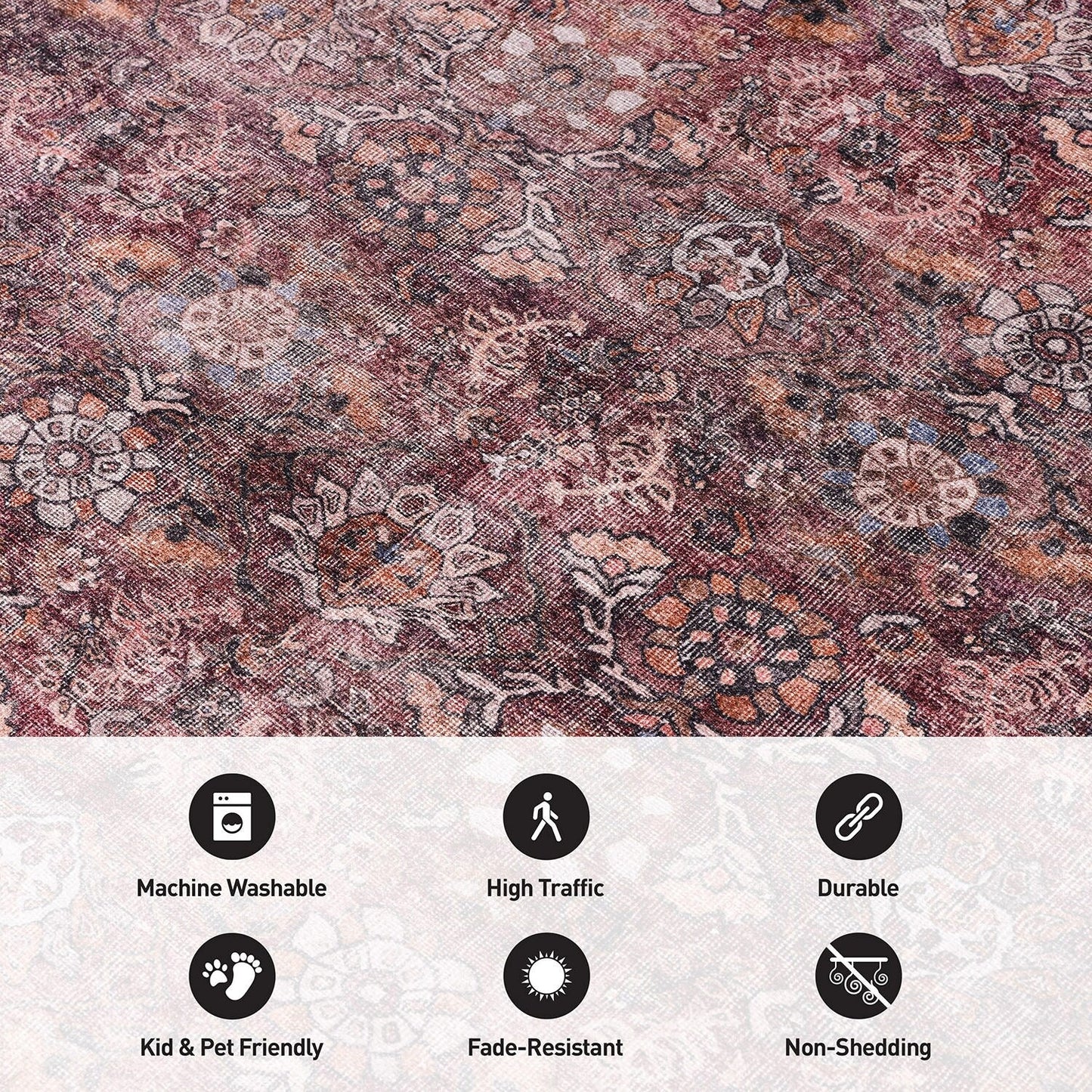 Tapis de transition World Rug Gallery, style vintage, antidérapant, lavable en machine, avec bordures