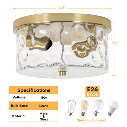 Plafonnier encastré à 2 lumières avec verre martelé transparent