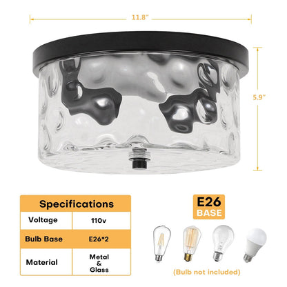 Plafonnier encastré à 2 lumières avec verre martelé transparent