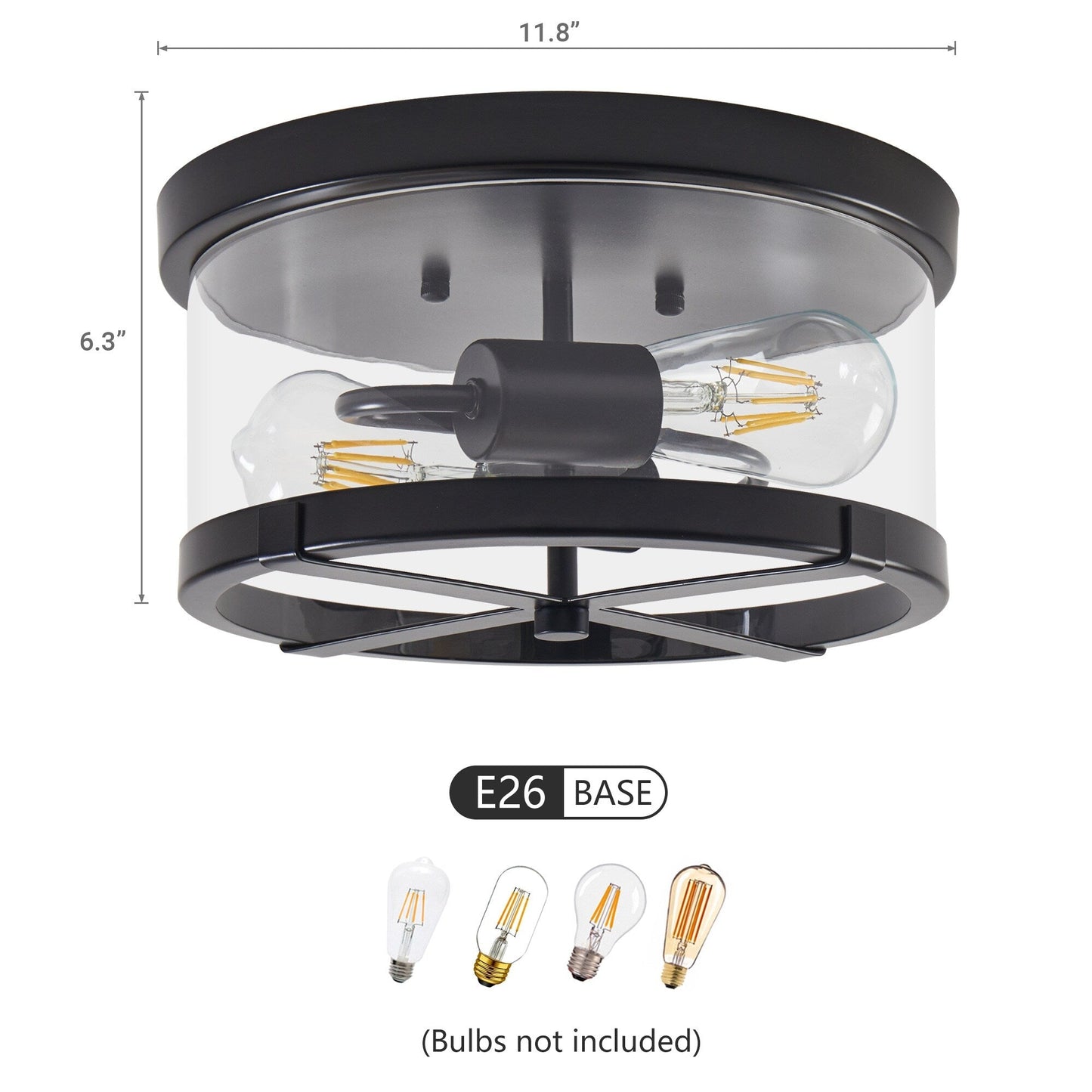 Plafonnier encastré à 2 lumières en verre transparent avec cadre en métal