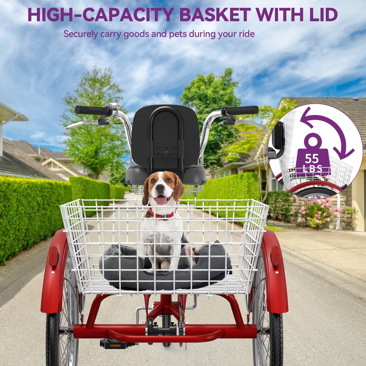 Tricycle bleu pour adulte à 3 roues avec paniers amovibles