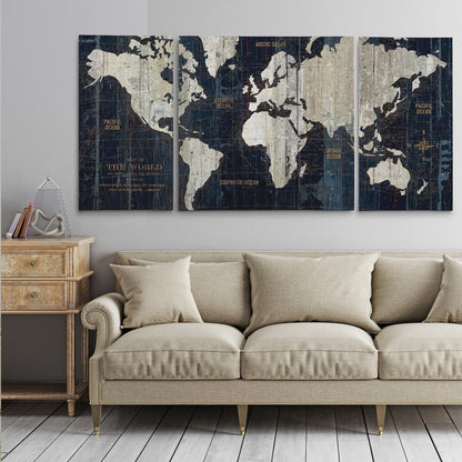 Ensemble d'impressions graphiques sur toile enveloppée « Old World Map Blue » en 3 pièces