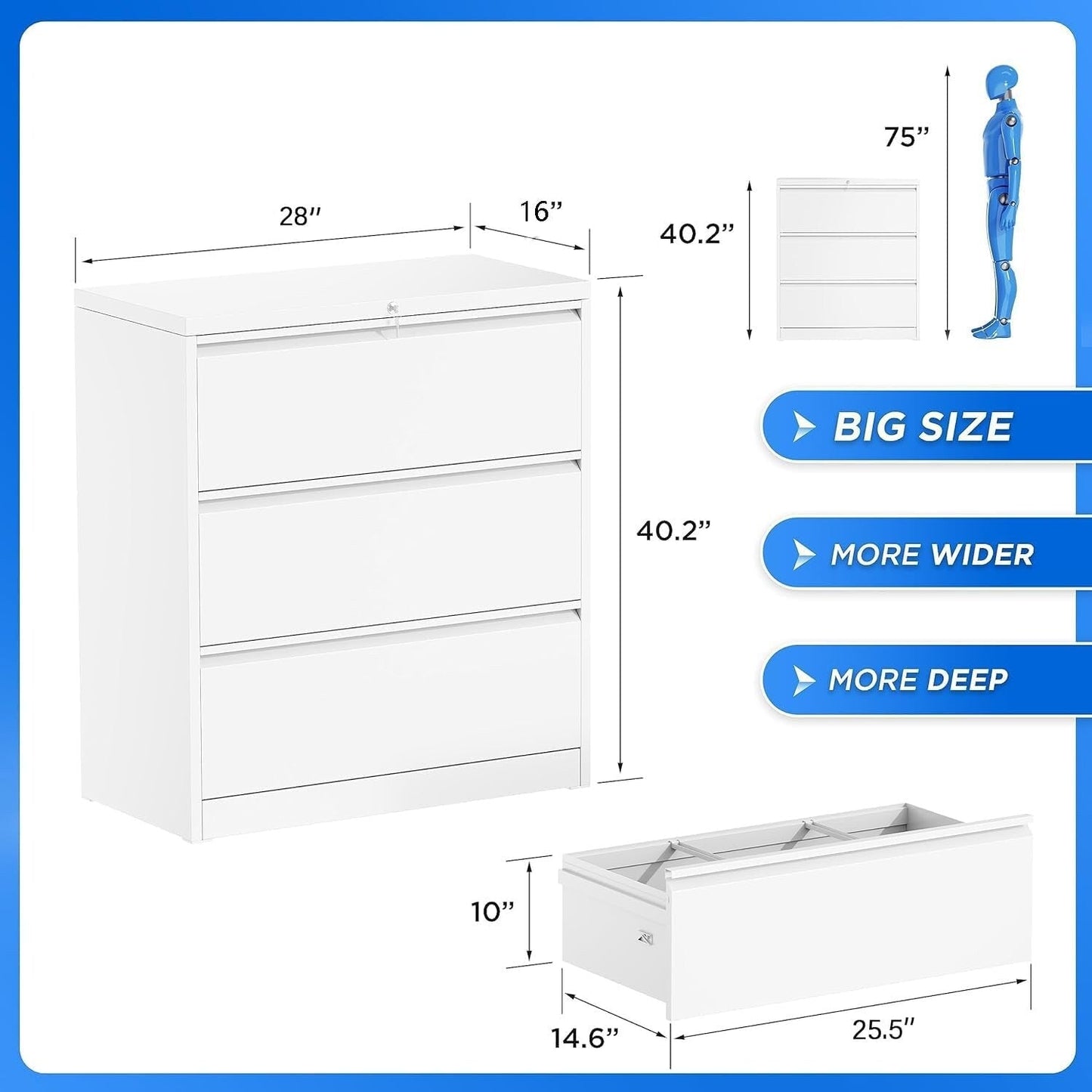 Classeur métallique verrouillable à 3 tiroirs pour bureau à domicile, armoire roulante entièrement assemblée