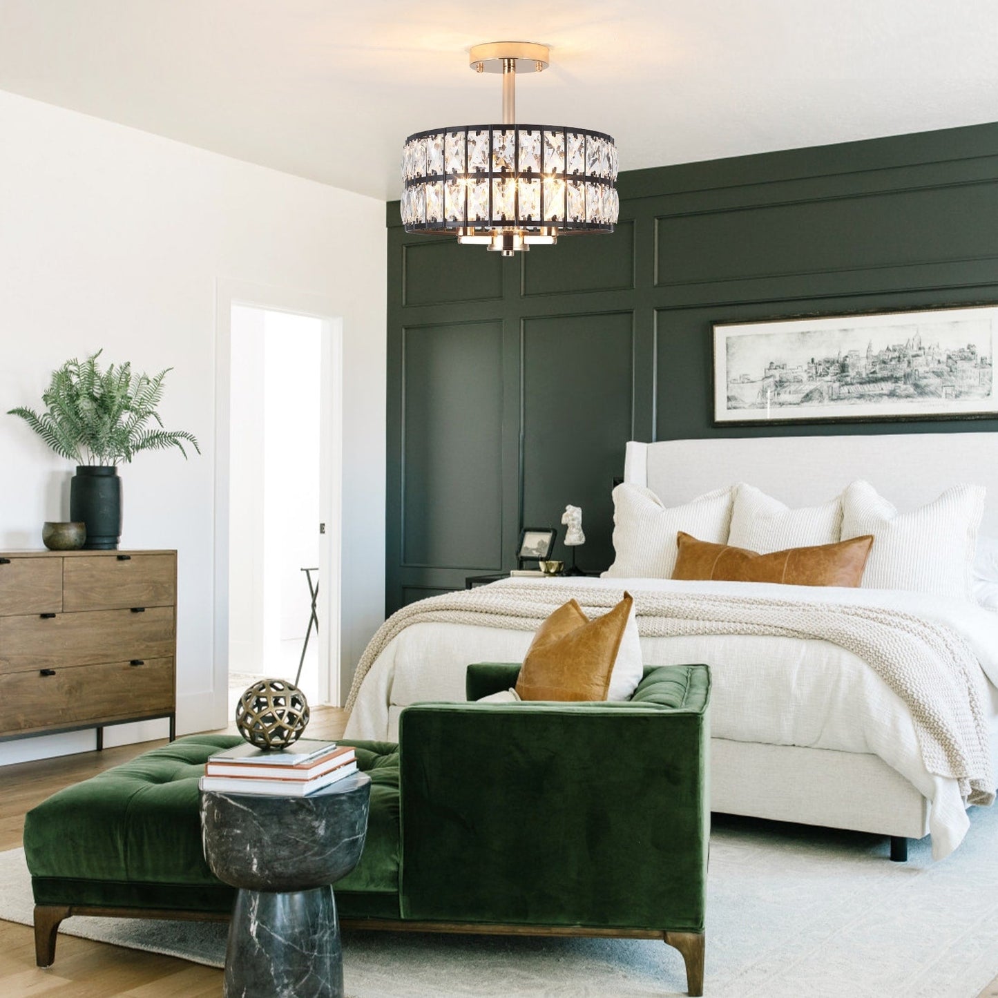 Plafonnier semi-encastré à 3 lumières en cristal pour salon et couloir