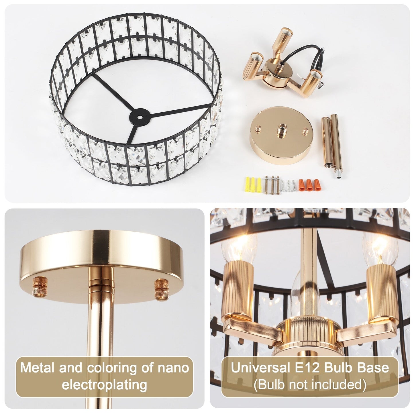 Plafonnier semi-encastré à 3 lumières en cristal pour salon et couloir