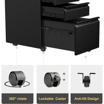 Classeur métallique verrouillable à 3 tiroirs pour bureau à domicile, armoire roulante entièrement assemblée