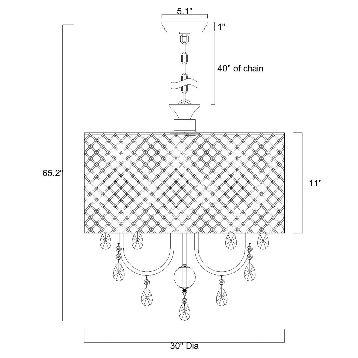 Lustre tambour à perles rondes avec cristaux suspendus