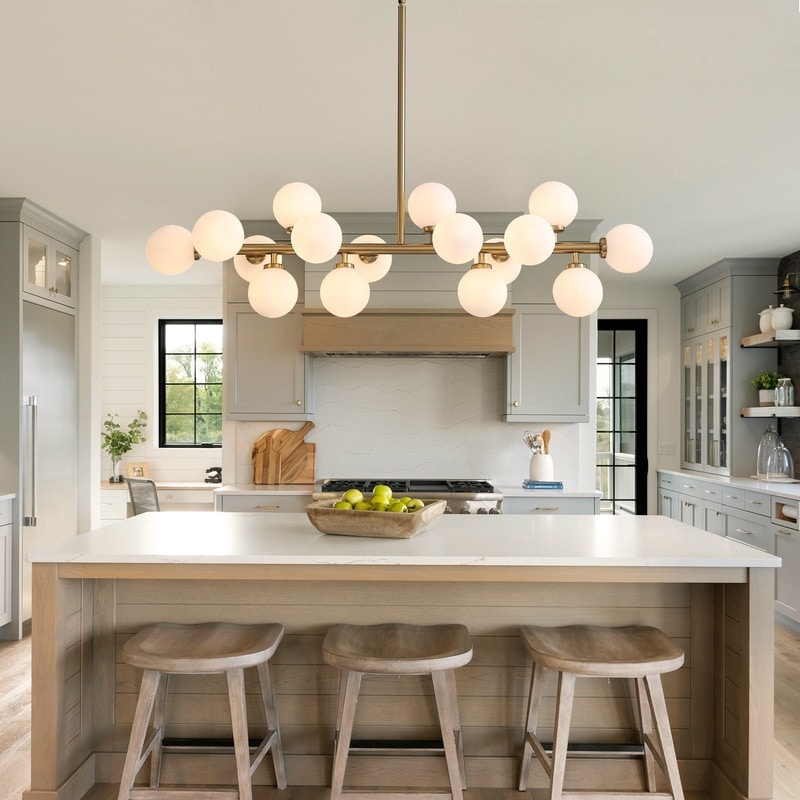 Lustre linéaire moderne du milieu du siècle de 40 po, suspension Spoutnik à 16 ampoules en laiton doré avec globe en verre dépoli pour salle à manger