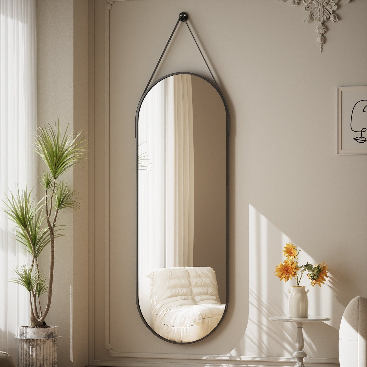 Miroir mural suspendu pleine longueur 48 x 16 avec sangle en cuir