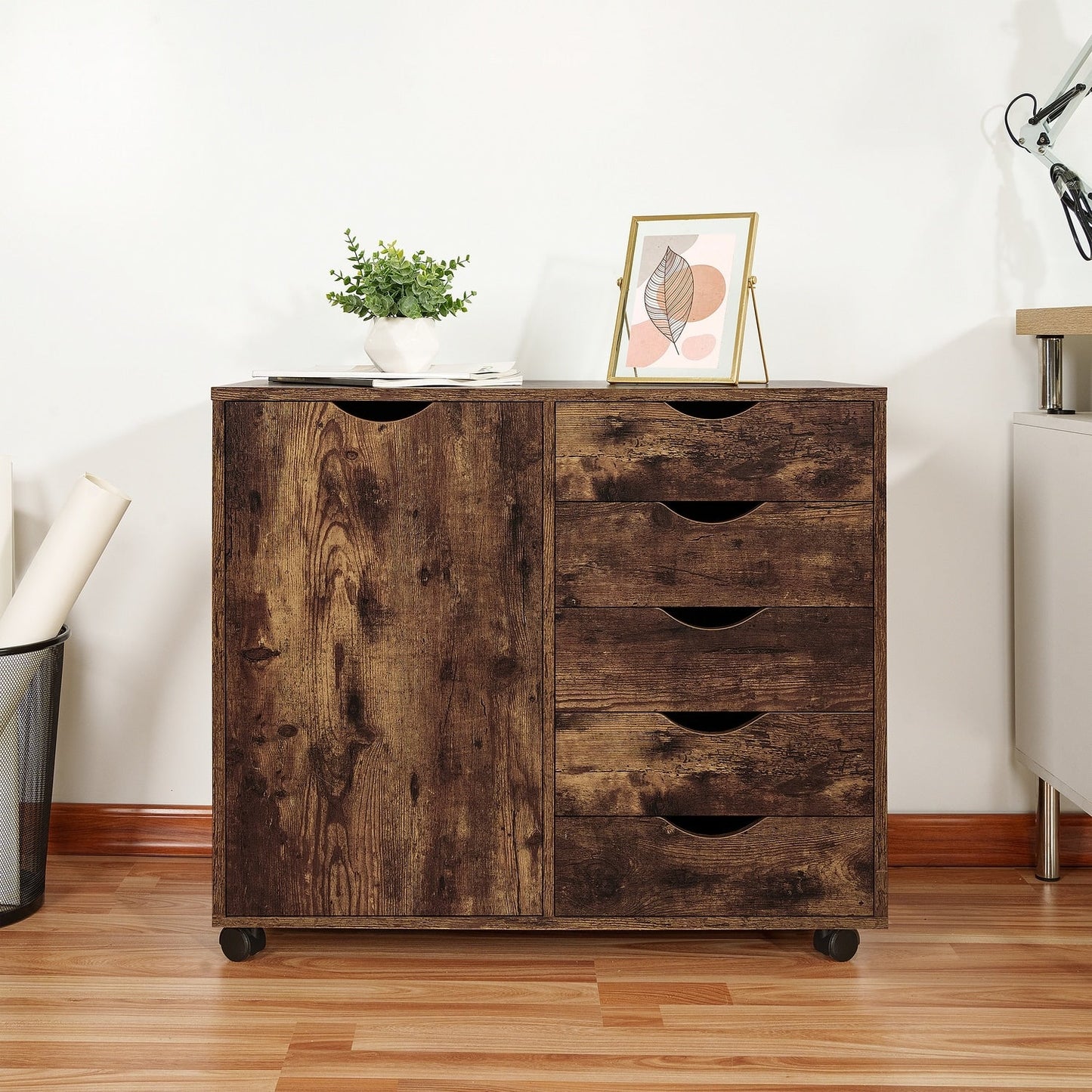 Commode de rangement en bois à 5 tiroirs avec roulettes - Organisateur d'artisanat et tiroir de maquillage pour placard et chambre