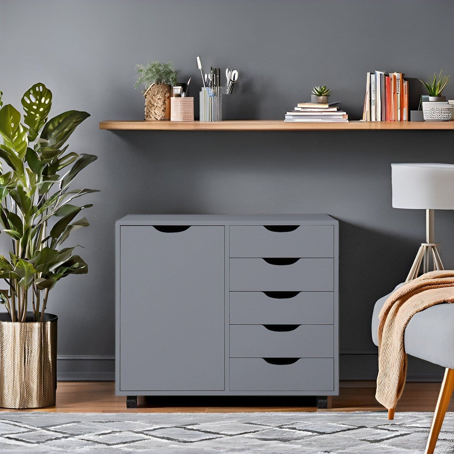 Commode de rangement en bois à 5 tiroirs avec roulettes - Organisateur d'artisanat et tiroir de maquillage pour placard et chambre