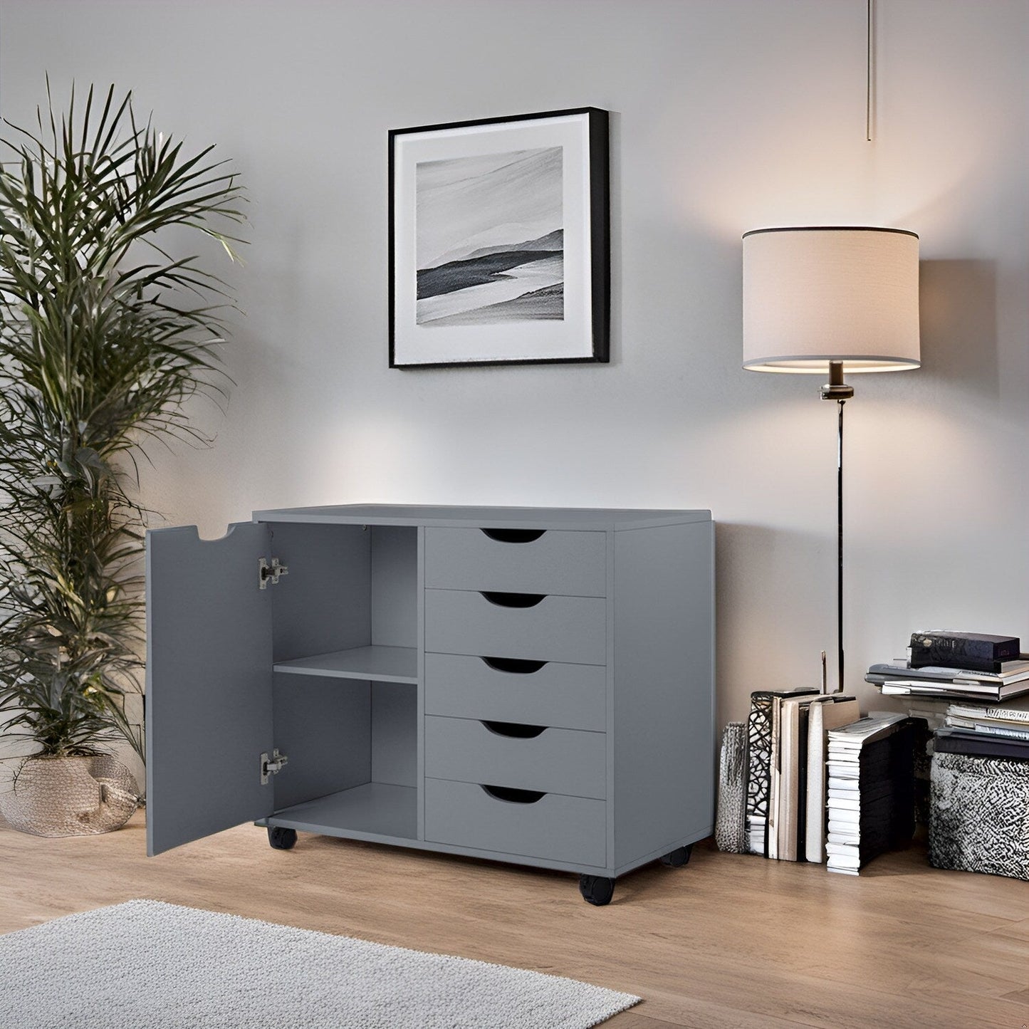 Commode de rangement en bois à 5 tiroirs avec roulettes - Organisateur d'artisanat et tiroir de maquillage pour placard et chambre