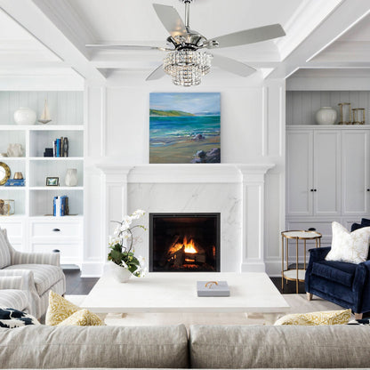 Ventilateur de plafond moderne en cristal et bois chromé de 52 pouces, 5 pales, avec télécommande