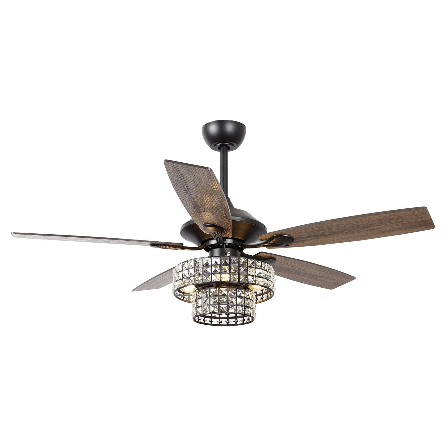 Ventilateur de plafond moderne en cristal et bois chromé de 52 pouces, 5 pales, avec télécommande