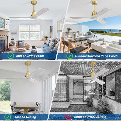 Ventilateur de plafond moderne en bois massif/ABS de 52 pouces avec télécommande (sans lumière), 6 vitesses de vent, flux d'air réversible