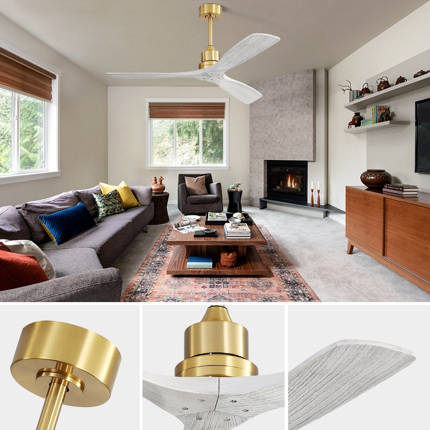 Ventilateur de plafond moderne en bois massif/ABS de 52 pouces avec télécommande (sans lumière), 6 vitesses de vent, flux d'air réversible