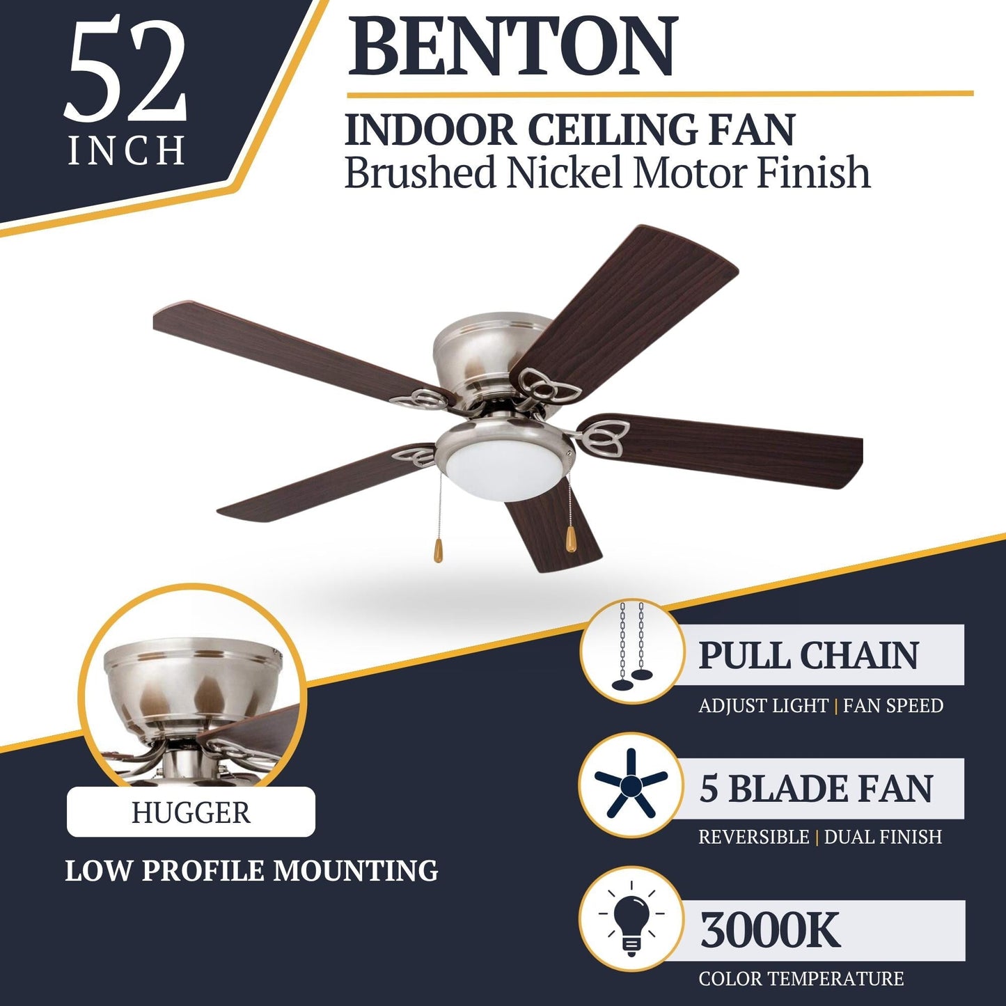 Ventilateur de plafond LED d'intérieur traditionnel Prominence Home Benton avec lumière et chaînes de traction