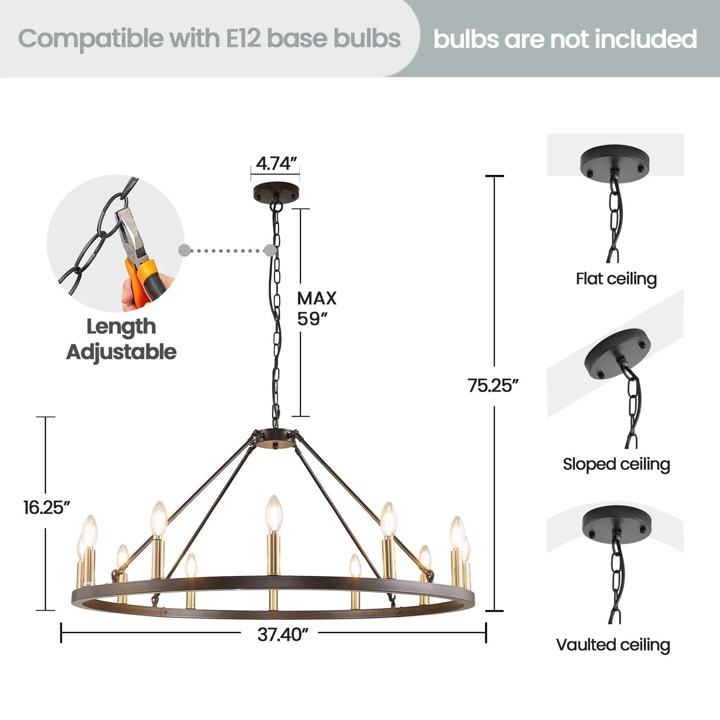 Lustre rond à 24 lumières en forme de roue de chariot de 54 pouces