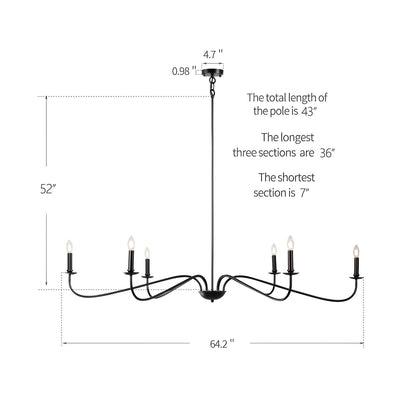 Lustre minimaliste à 6 lumières de 64 pouces, noir mat, or et chrome - N/A