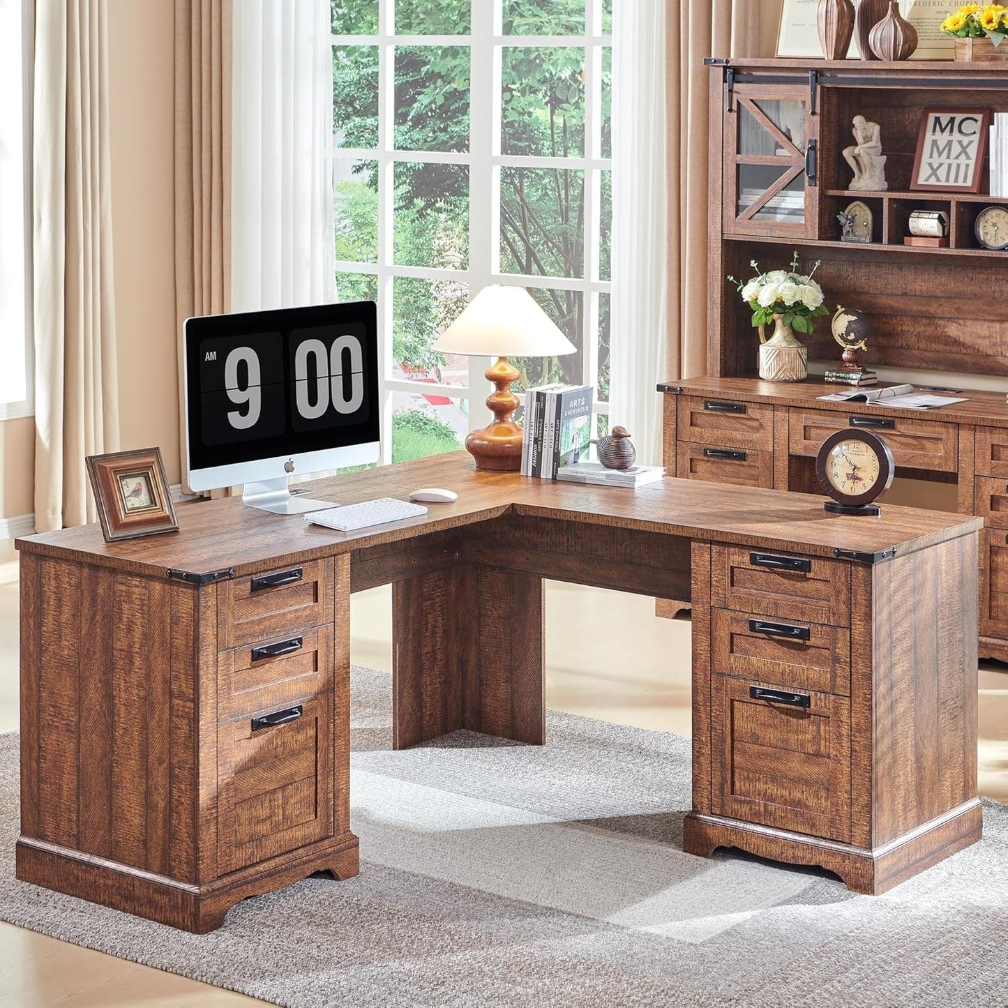 Bureau de direction en L de style ferme, bureau d'angle en bois, bureau d'ordinateur