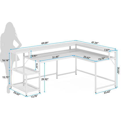 Bureau en L avec étagère pour écran, bureau d'angle réversible pour bureau à domicile 69