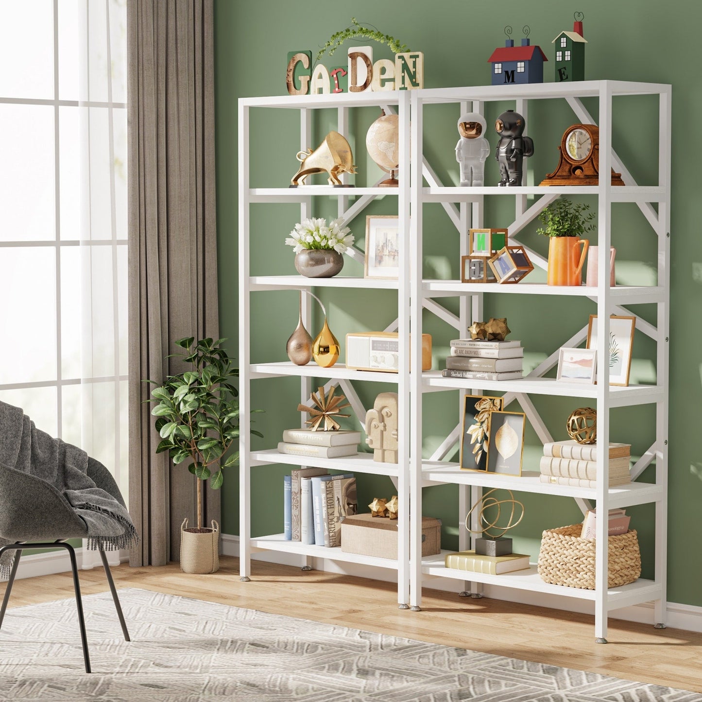 Bibliothèque industrielle à 6 niveaux en bois brun rustique, étagères ouvertes