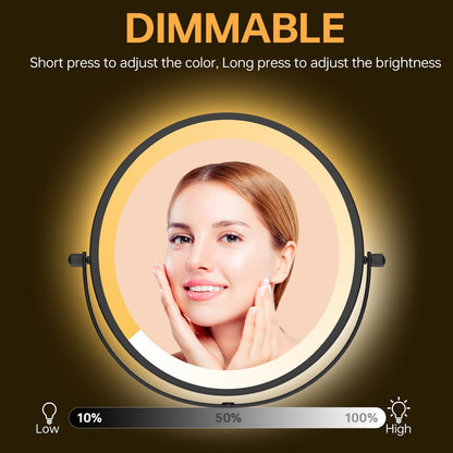 Miroir de maquillage mural rond de 8 pouces, rechargeable, grossissement 1x/10x, 3 lumières colorées