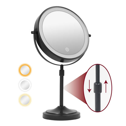 Miroir de maquillage éclairé à 9 LED, miroir grossissant double face avec grossissement 1X/10x, 3 couleurs d'éclairage