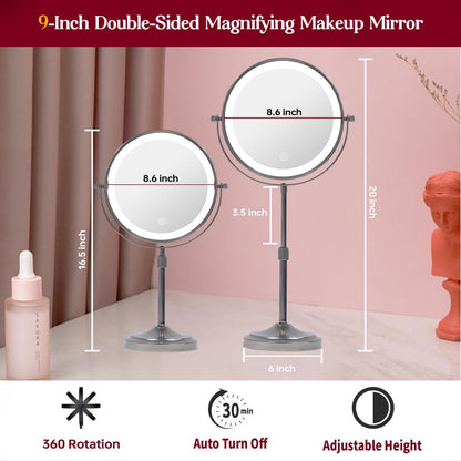 Miroir de maquillage éclairé à 9 LED, miroir grossissant double face avec grossissement 1X/10x, 3 couleurs d'éclairage