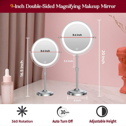 Miroir de maquillage éclairé à 9 LED, miroir grossissant double face avec grossissement 1X/10x, 3 couleurs d'éclairage