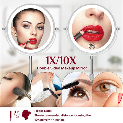 Miroir de maquillage éclairé à 9 LED, miroir grossissant double face avec grossissement 1X/10x, 3 couleurs d'éclairage