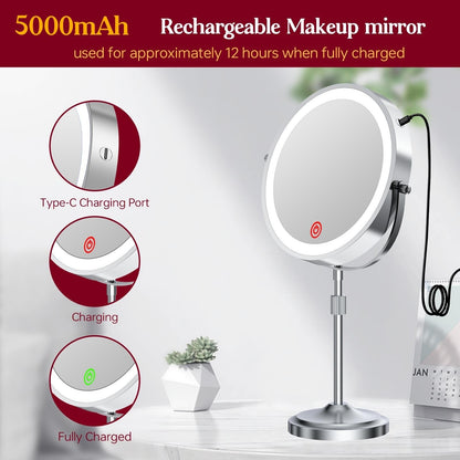 Miroir de maquillage éclairé à 9 LED, miroir grossissant double face avec grossissement 1X/10x, 3 couleurs d'éclairage